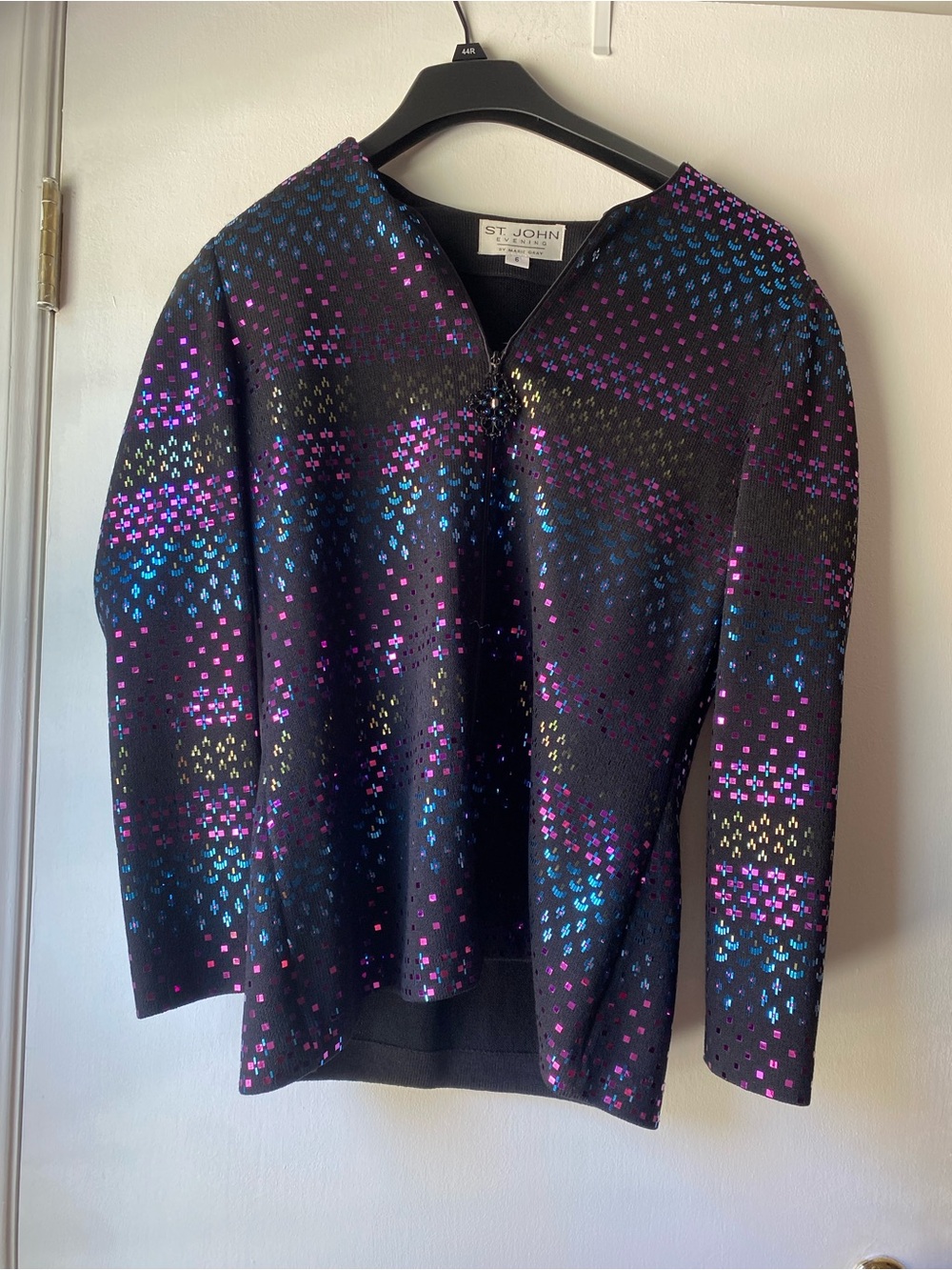 St. John Black Knit Jacket with Purple and Blue Metallic Accents